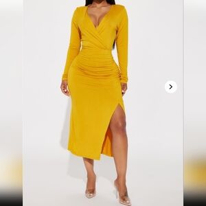 Fashion Nova Yellow Ruched Slit Bodycon Dress